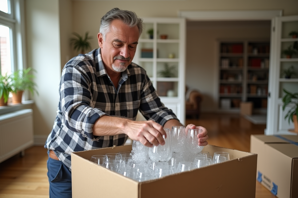 Homme emballant des verres dans une pièce lumineuse