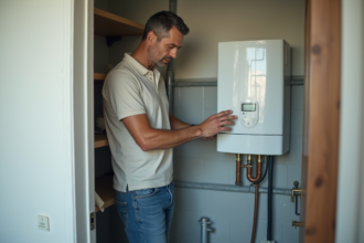 Homme d'âge moyen ajustant une chaudière d'eau moderne dans une buanderie