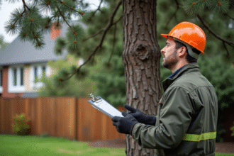 Homme en tenue de chantier observant un pin dans un jardin