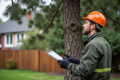 Homme en tenue de chantier observant un pin dans un jardin