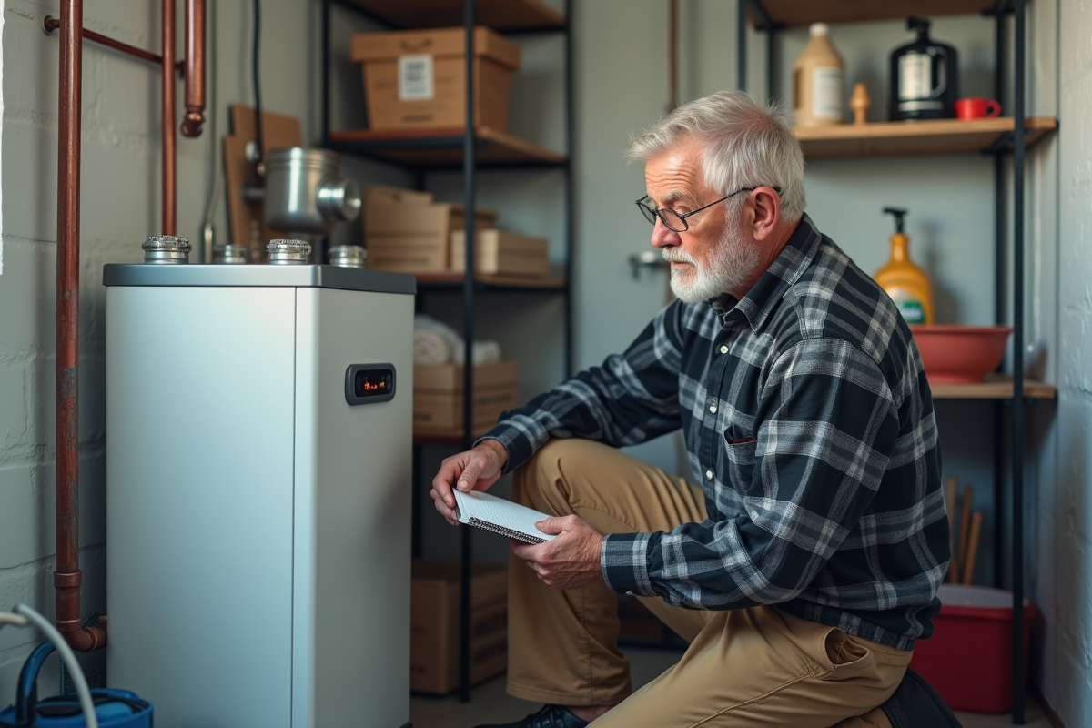Homme âgé contrôlant un chauffe-eau dans une buanderie