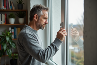 Homme d'âge moyen inspectant une fenêtre double vitrage dans un salon