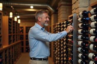 Homme d'âge moyen inspectant un système de ventilation de cave à vin