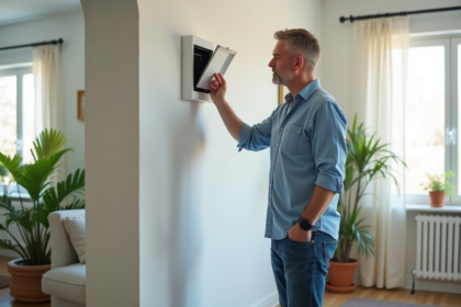Homme inspectant une ventilation murale dans son salon lumineux
