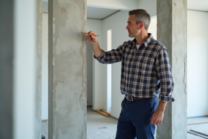 Hommes inspectant un joint dans un appartement moderne