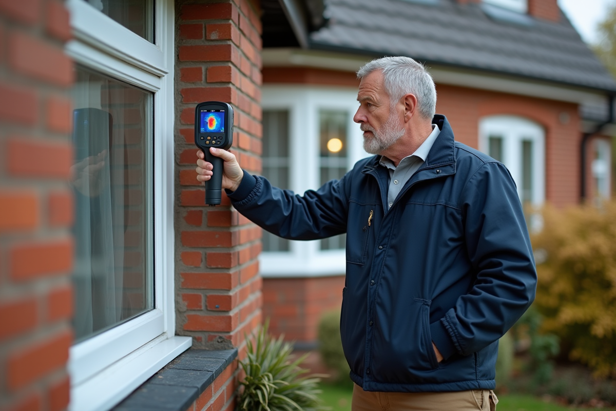 Inspecteur thermique examinant une fenêtre extérieure