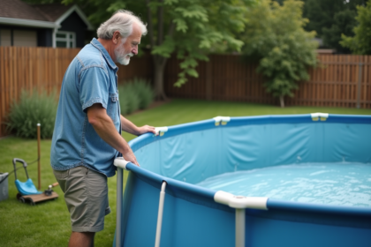 Homme d'âge moyen inspectant une piscine hors sol propre
