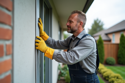 Hommes en overalls posant des panneaux d'isolation extérieure