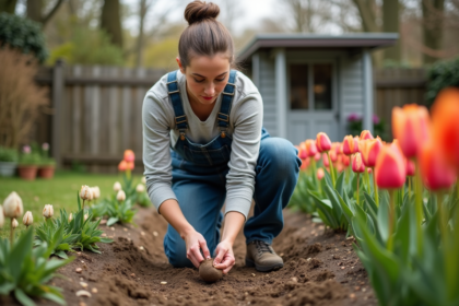 Femme en jardinage déterrant tulipes dans un jardin