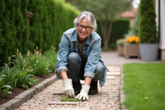 Femme de jardinage en train de désherber dans le jardin