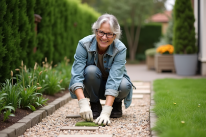 Femme de jardinage en train de désherber dans le jardin