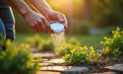 Jardinier saupoudrant du bicarbonate sur des mauvaises herbes entre les pierres