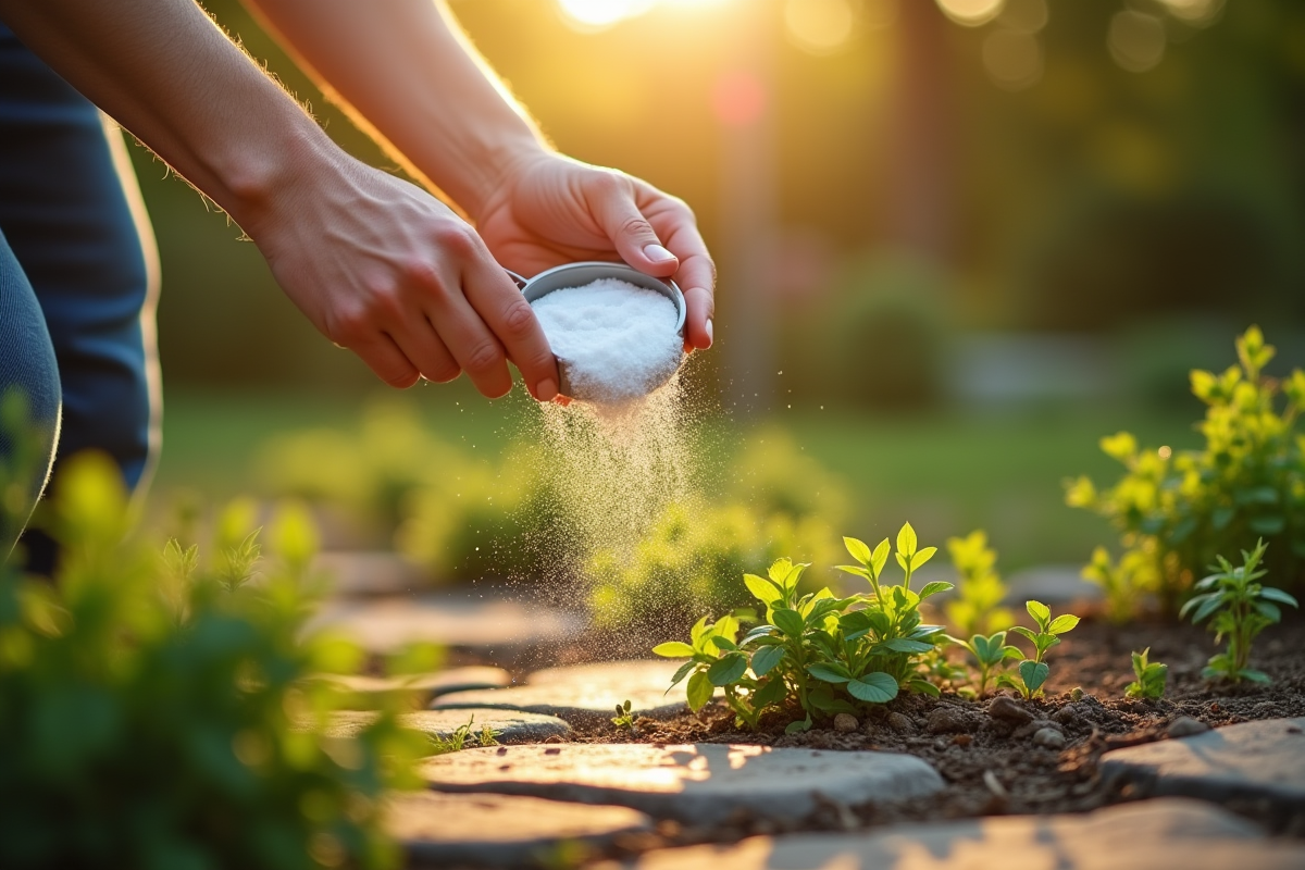 Jardinier saupoudrant du bicarbonate sur des mauvaises herbes entre les pierres