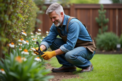 Homme d'âge moyen taillant une haie dans un jardin soigné