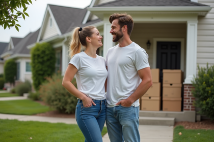 Jeune couple souriant devant leur maison en déménagement
