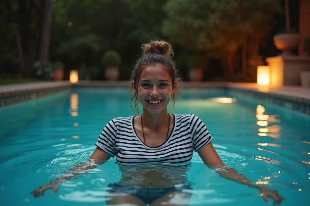 Jeune femme nageant dans une piscine éclairée la nuit