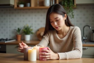 Jeune femme examine trois bougies colorées dans une cuisine chaleureuse