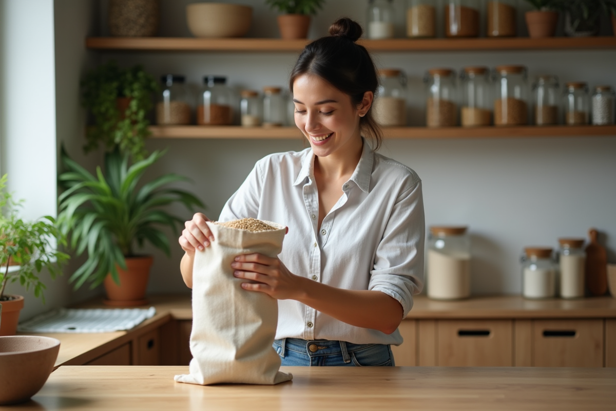 Jeune femme en cuisine decantant des grains dans un sac en tissu