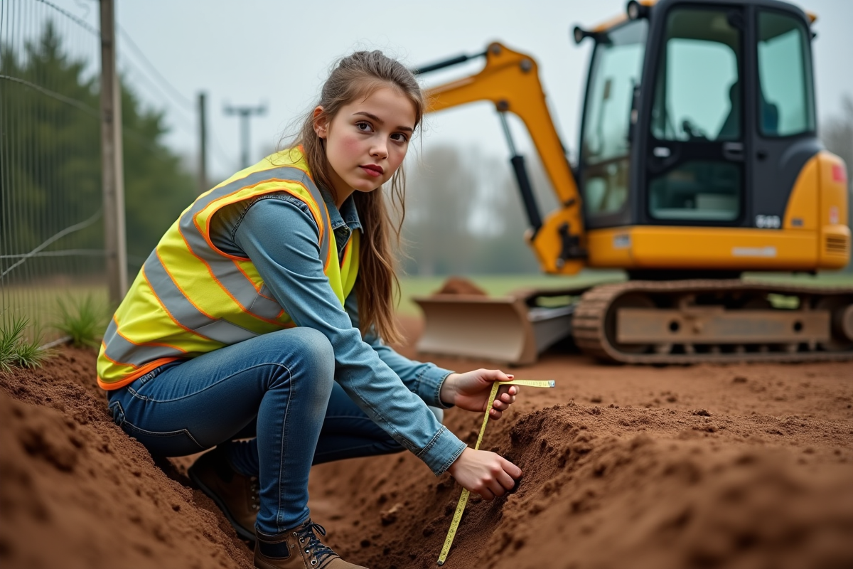 Jeune femme en gilet de sécurité mesurant une tranchée