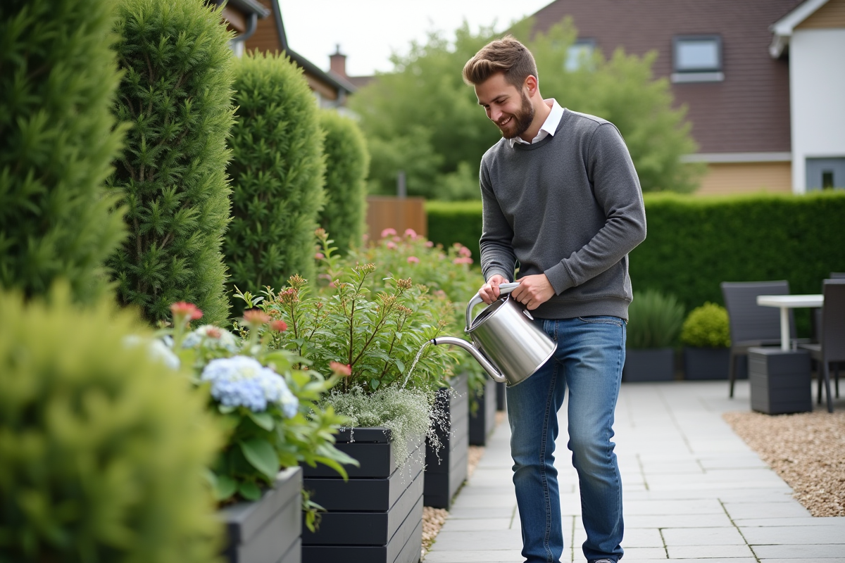 Jeune homme arrosant des plantes faciles sur sa terrasse moderne