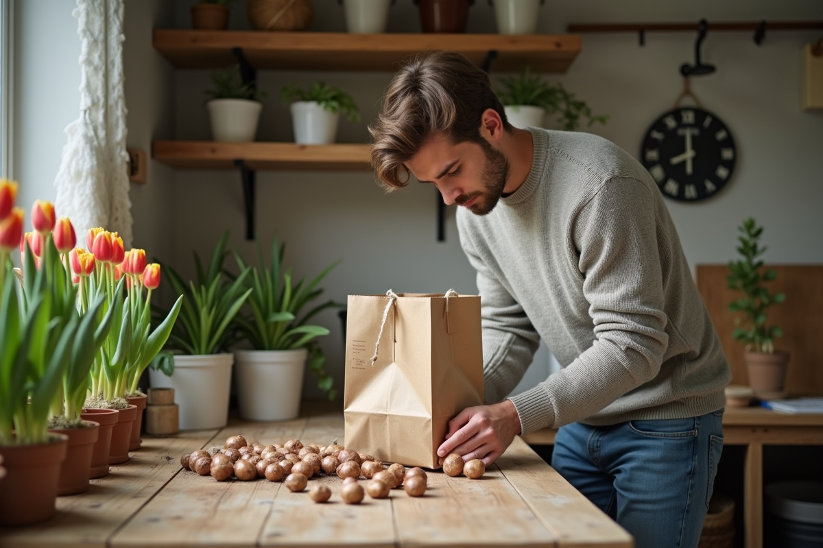 Jeune homme triant tulipes dans un atelier intérieur
