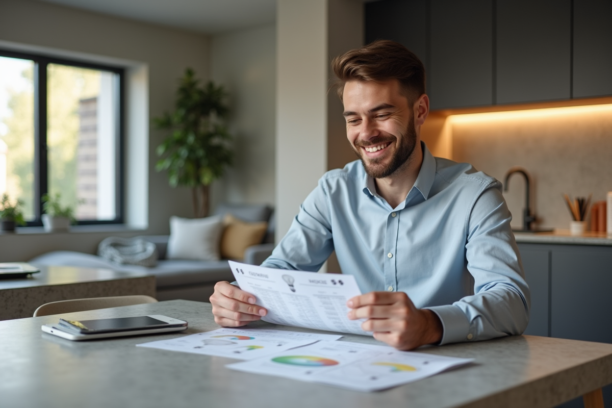 Jeune homme comparant des fiches de puissance LED dans la cuisine