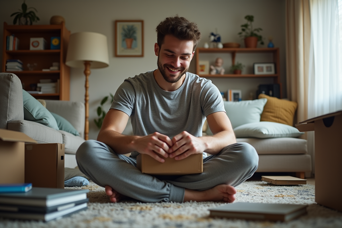 Jeune homme emballant des objets dans une pièce encombrée