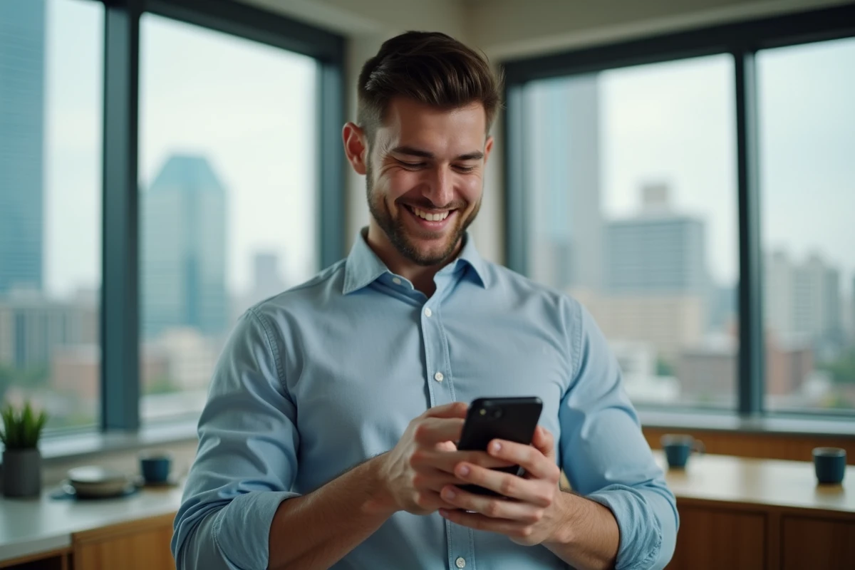 Jeune homme regardant son smartphone dans un espace de pause professionnel
