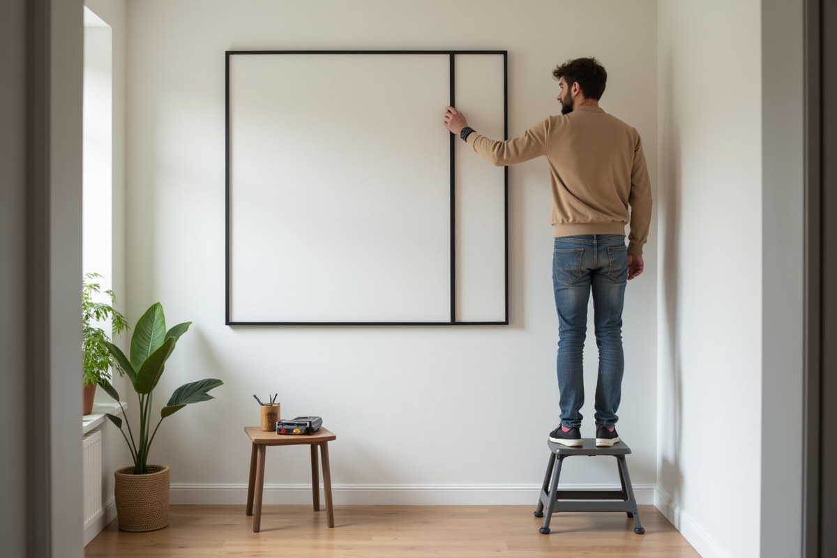 Jeune homme accrochant une œuvre dans un appartement moderne