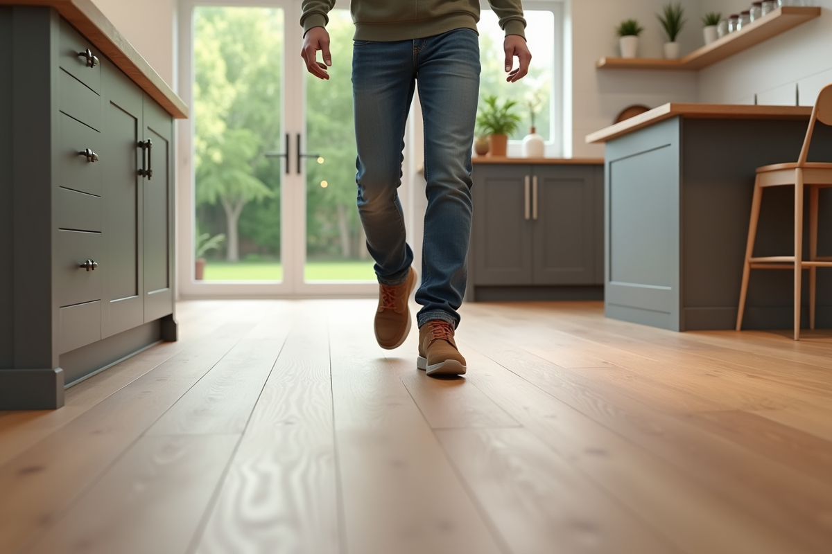 Jeune homme marchant sur un sol imitation bois dans une cuisine moderne