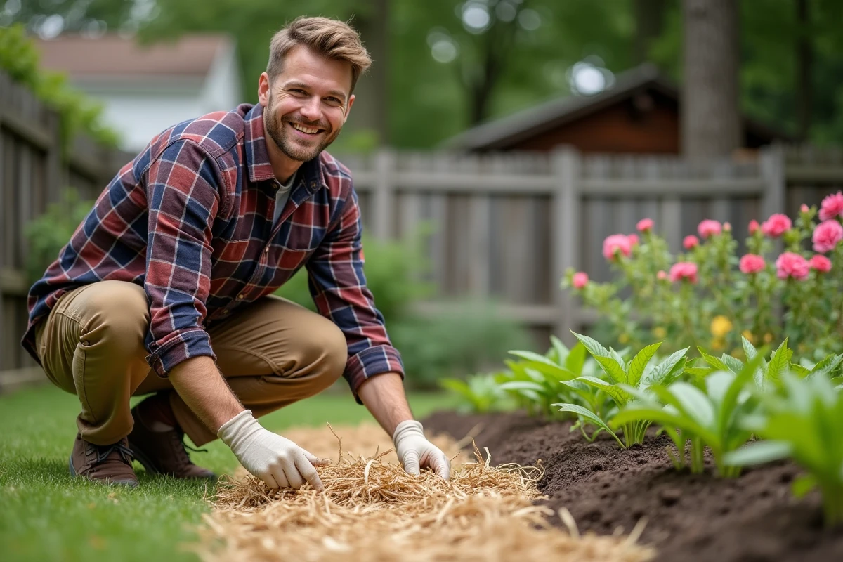 Jeune homme entourant des semis avec de la paille dans le jardin