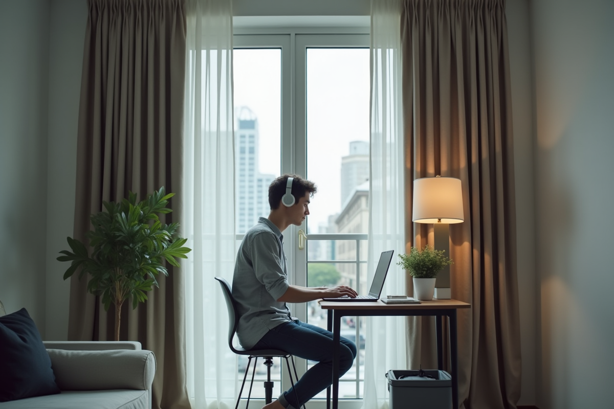 Jeune homme travaillant avec des rideaux acoustiques dans un appartement