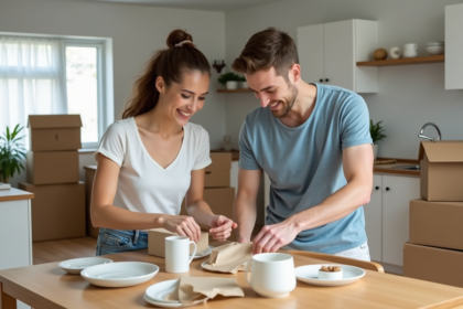 Jeune couple emballant de la vaisselle dans une cuisine lumineuse