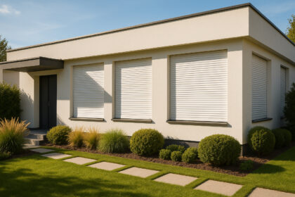 Photo d'une maison moderne avec volets blancs fermés en plein jour