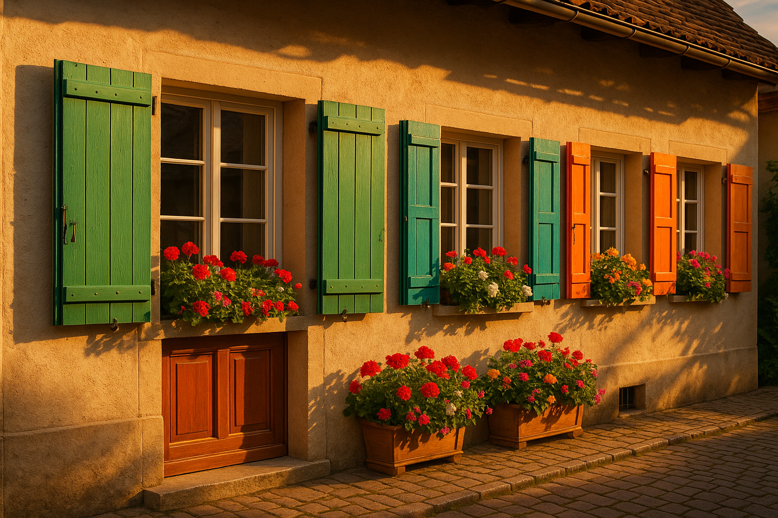 Façade de maison traditionnelle avec volets colorés ouverts au coucher du soleil