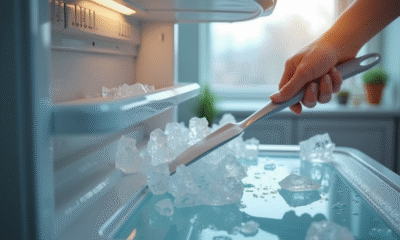 Personne grattant la glace dans un congélateur moderne