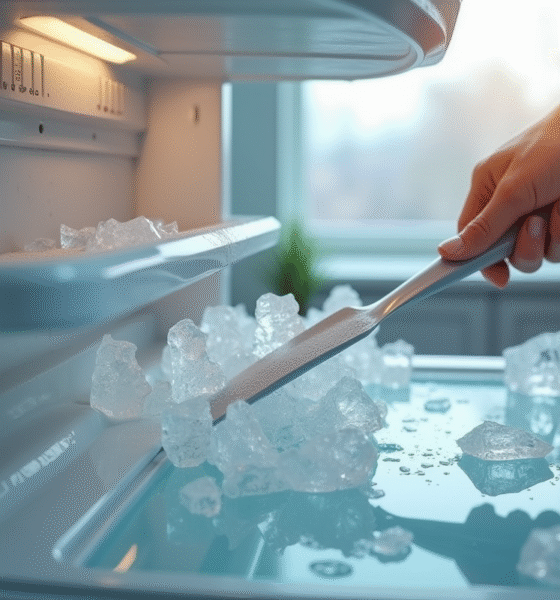 Personne grattant la glace dans un congélateur moderne