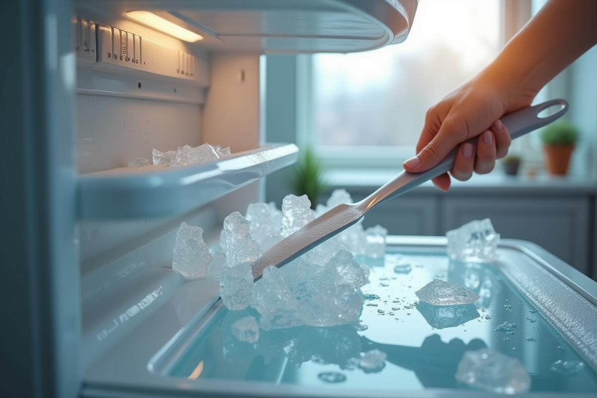 Personne grattant la glace dans un congélateur moderne