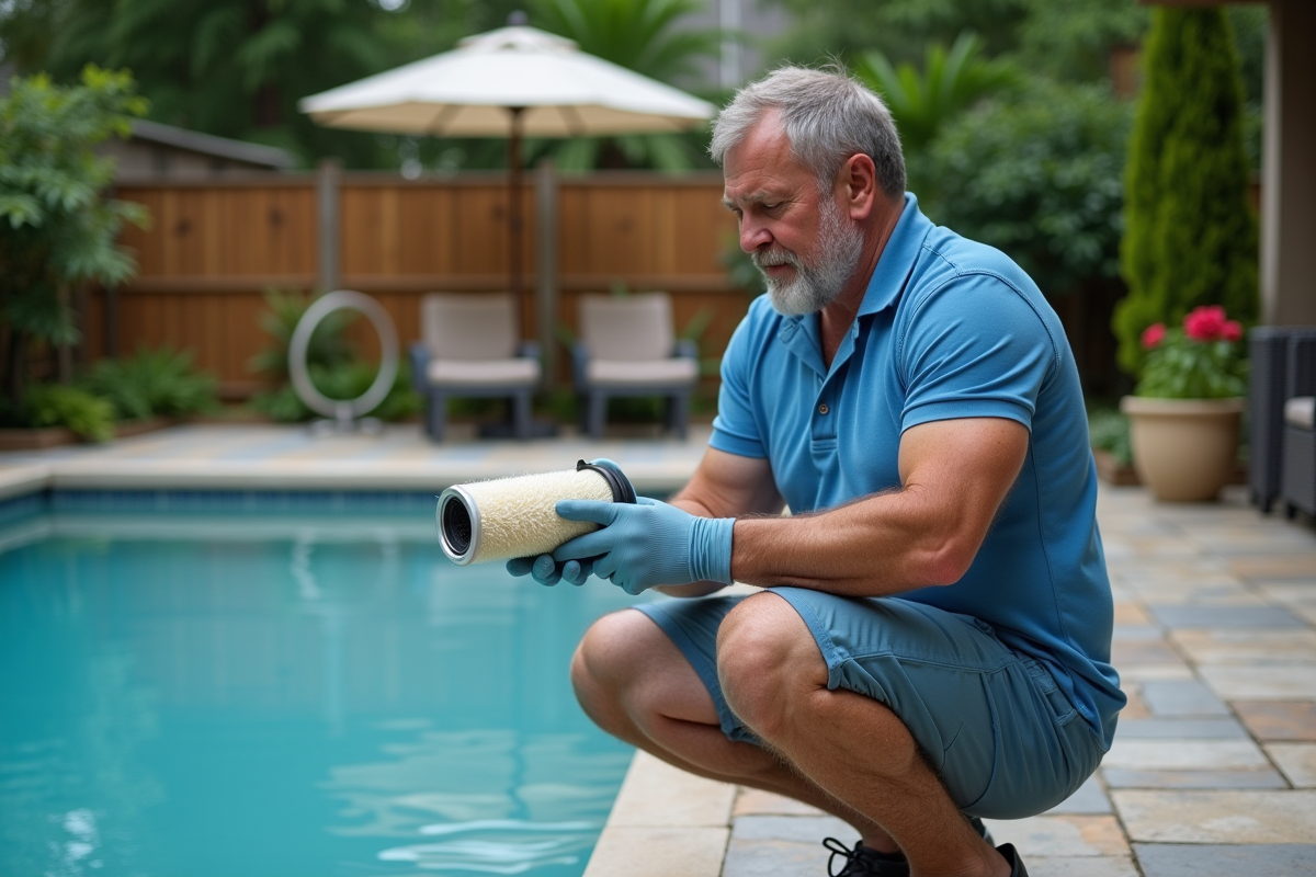Homme vérifiant un filtre de piscine extérieur