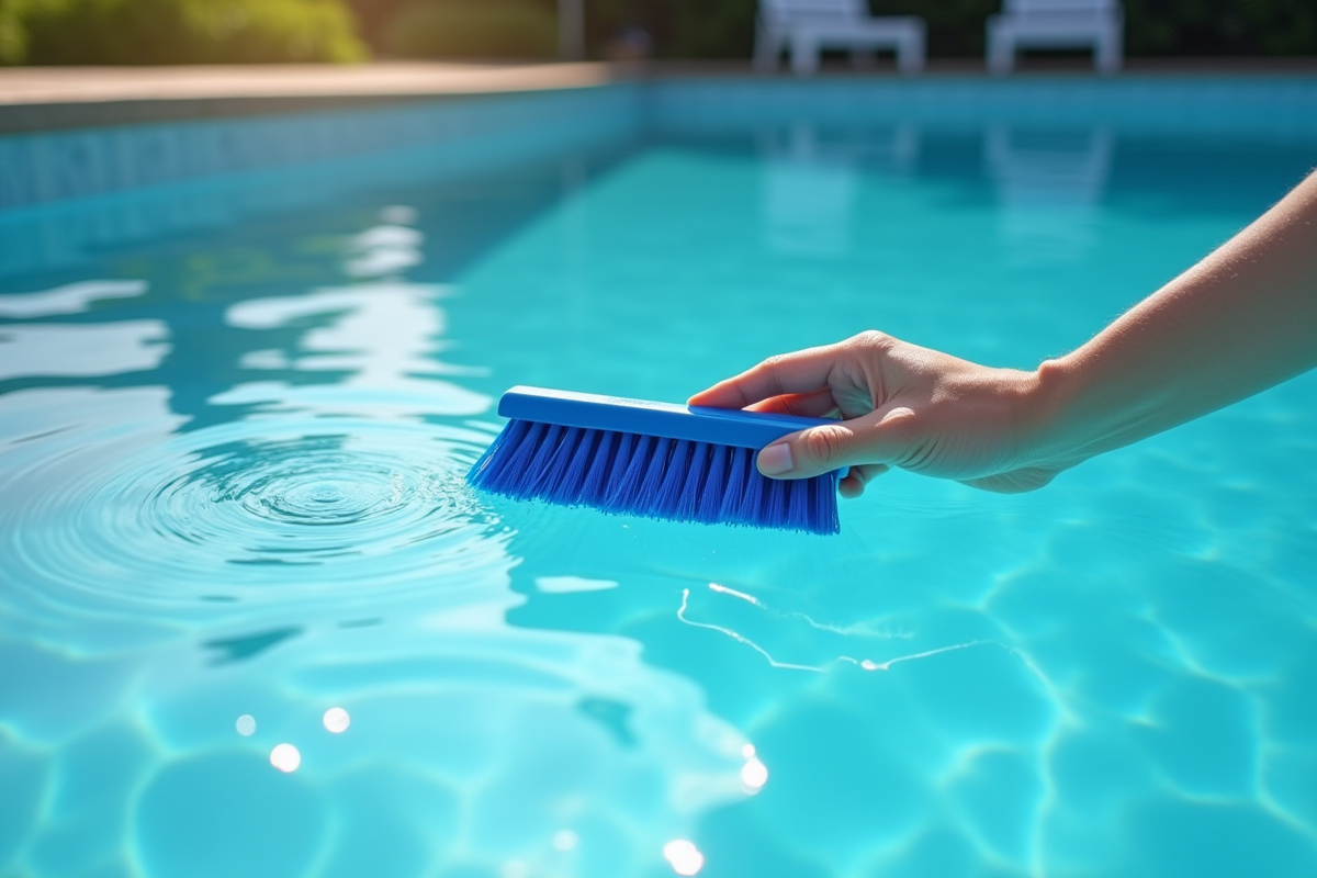 Main nettoyant la surface d une piscine en fibre de verre