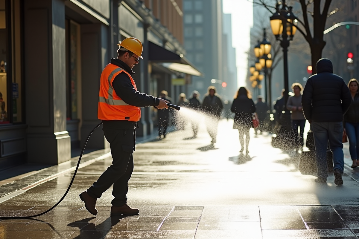 Ouvrier urbain arrosant le trottoir en ville en plein jour