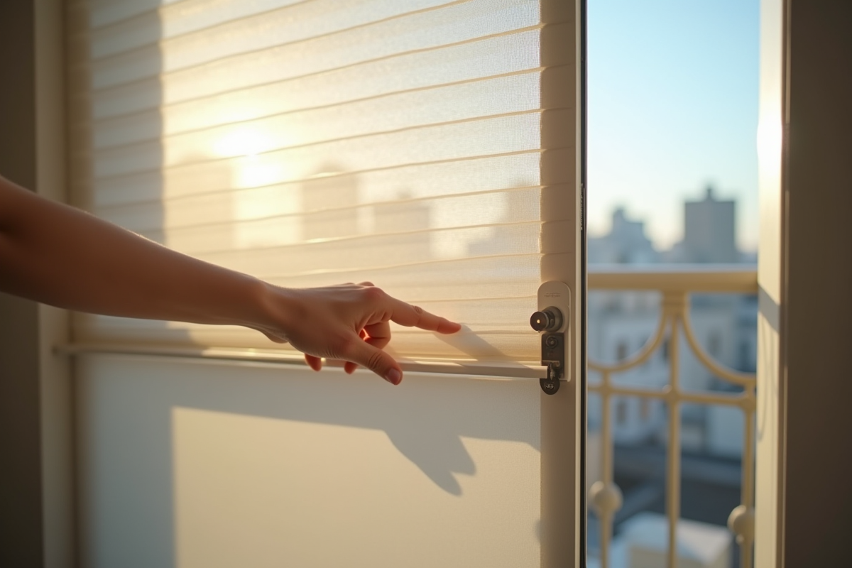 Main ouvrant une moustiquaire plissée sur une porte de balcon