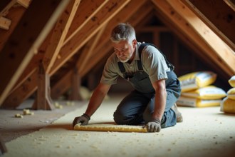 Homme en overalls posant de la laine mineral dans un grenier ancien