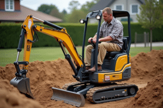 Ouvrier en vêtements de travail utilisant un miniexcavator en chantier