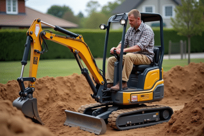Ouvrier en vêtements de travail utilisant un miniexcavator en chantier