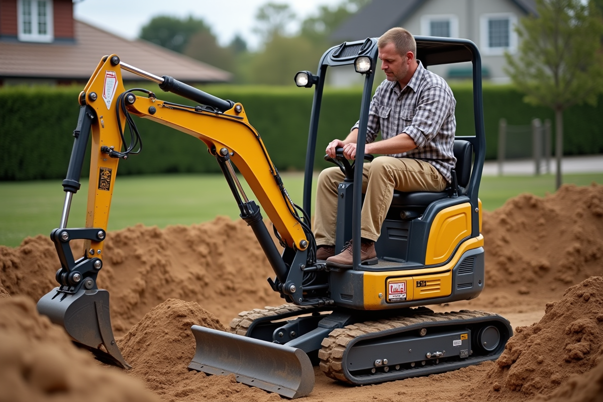 Ouvrier en vêtements de travail utilisant un miniexcavator en chantier