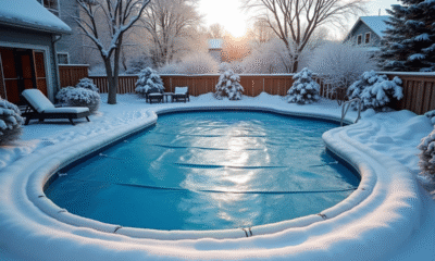 Piscine extérieure en hiver couverte d'une bâche bleue avec neige et givre