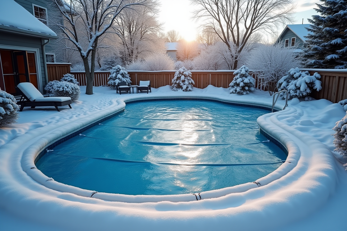 Piscine extérieure en hiver couverte d'une bâche bleue avec neige et givre