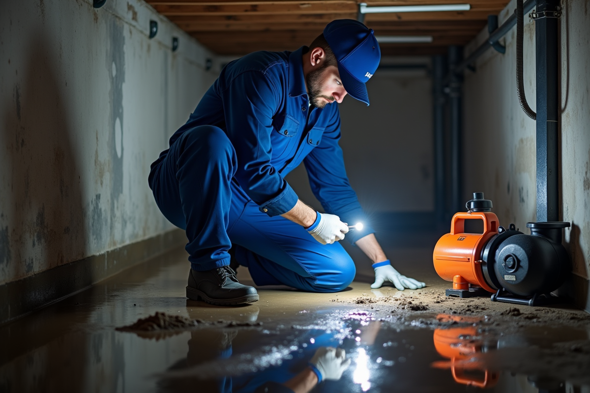 Plombier professionnel inspectant un vide sanitaire humide