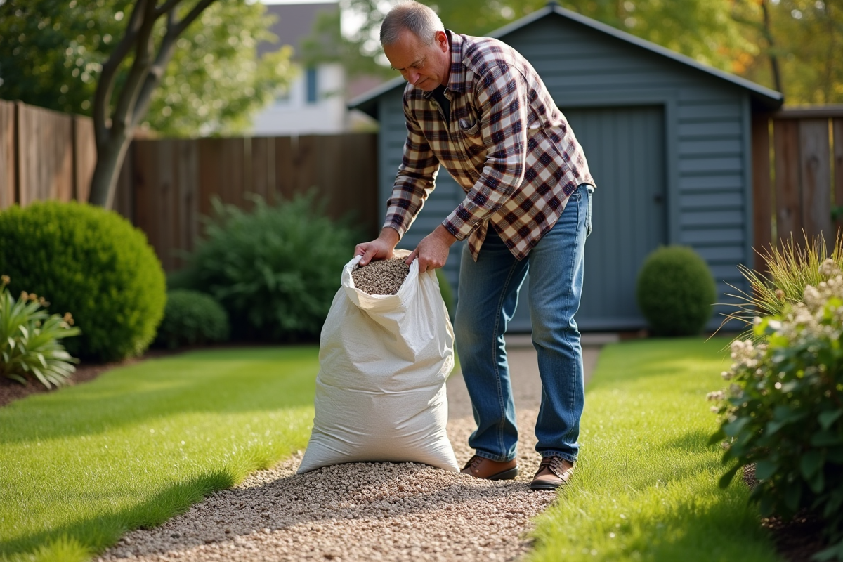Homme versant du gravier sur le chemin de jardin